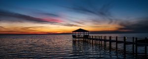 Preview wallpaper pier, sea, sunset, horizon, dark