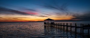 Preview wallpaper pier, sea, sunset, horizon, dark