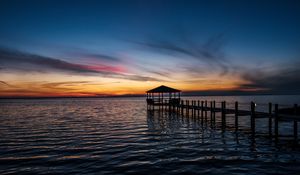 Preview wallpaper pier, sea, sunset, horizon, dark