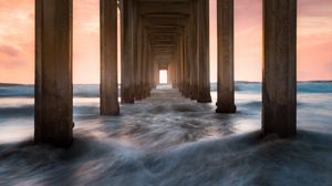 Preview wallpaper pier, sea, waves, pillars, water