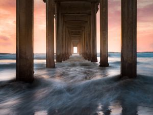 Preview wallpaper pier, sea, waves, pillars, water