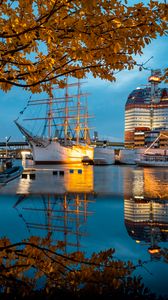 Preview wallpaper pier, ship, boats, water, reflection