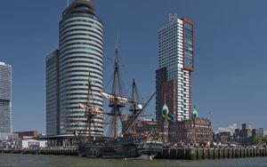 Preview wallpaper pier, ship, buildings, city