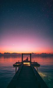 Preview wallpaper pier, silhouette, loneliness, twilight, starry sky