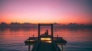 Preview wallpaper pier, silhouette, loneliness, twilight, starry sky