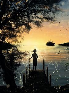 Preview wallpaper pier, silhouette, sea, art, sunset, shine