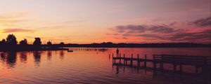 Preview wallpaper pier, silhouette, sunset, lake, loneliness