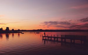 Preview wallpaper pier, silhouette, sunset, lake, loneliness