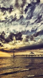 Preview wallpaper pier, sky, clouds, colors, paints, coast, evening