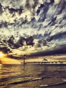 Preview wallpaper pier, sky, clouds, colors, paints, coast, evening