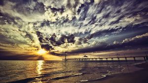 Preview wallpaper pier, sky, clouds, colors, paints, coast, evening