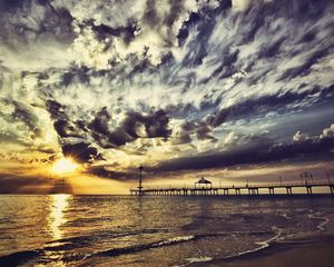 Preview wallpaper pier, sky, clouds, colors, paints, coast, evening