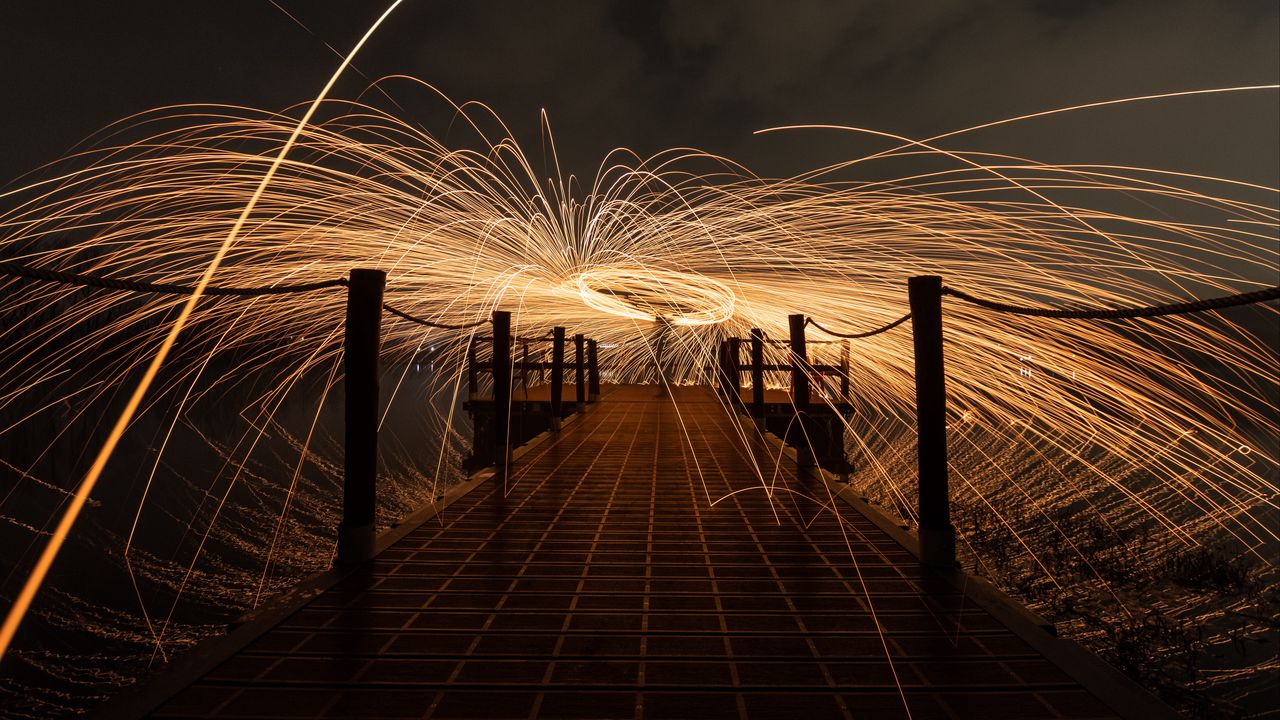 Wallpaper pier, sparks, freezelight, long exposure, light