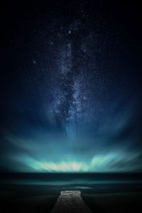 Preview wallpaper pier, starry sky, stars, night, sea