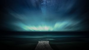 Preview wallpaper pier, starry sky, stars, night, sea
