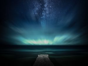 Preview wallpaper pier, starry sky, stars, night, sea