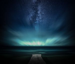 Preview wallpaper pier, starry sky, stars, night, sea