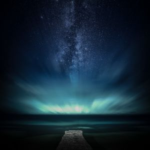 Preview wallpaper pier, starry sky, stars, night, sea