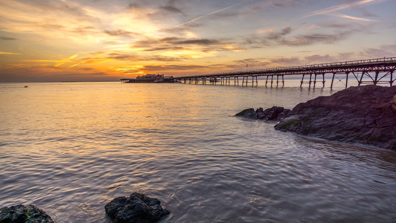 Wallpaper pier, stones, sea, sunset, horizon