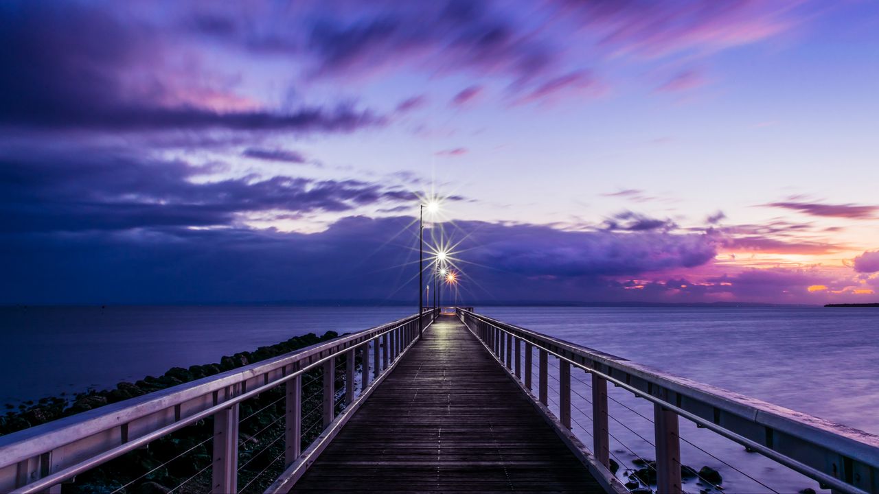Wallpaper pier, sunset, horizon, sea, lilac, clouds