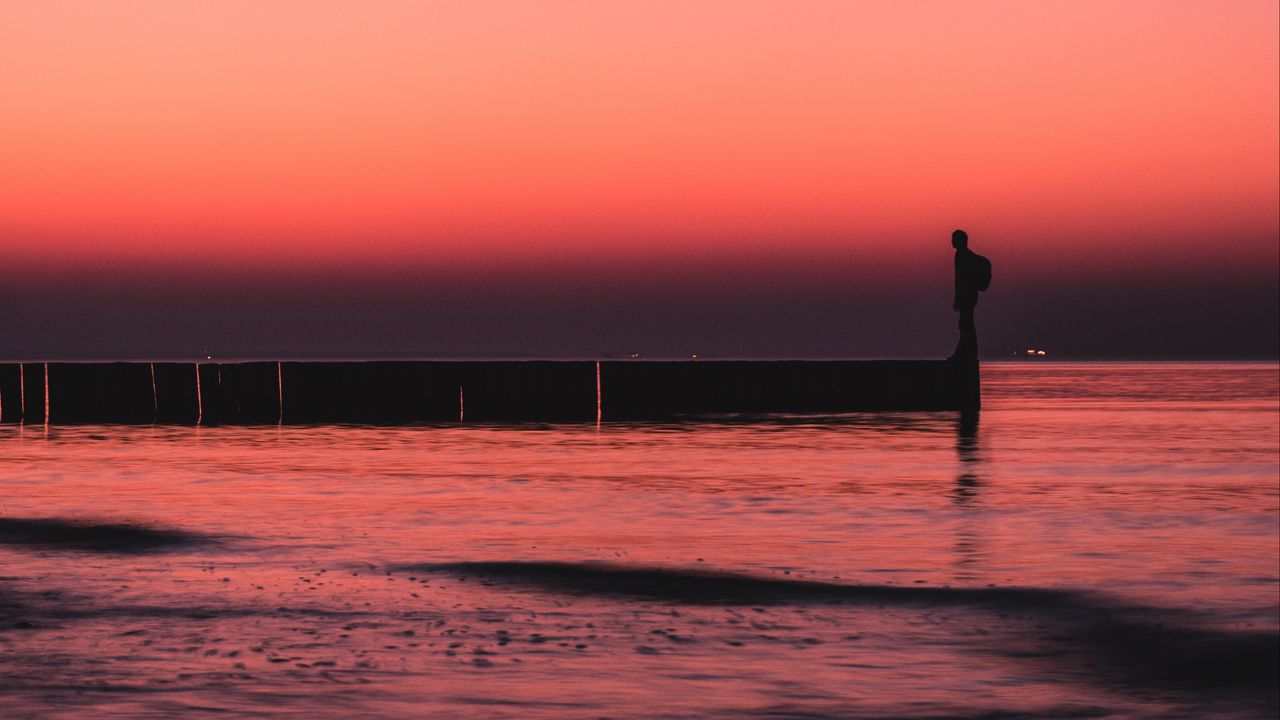 Wallpaper pier, sunset, loneliness, sea, horizon hd, picture, image