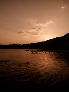 Preview wallpaper pier, sunset, night, sea, monochrome, dark, sky