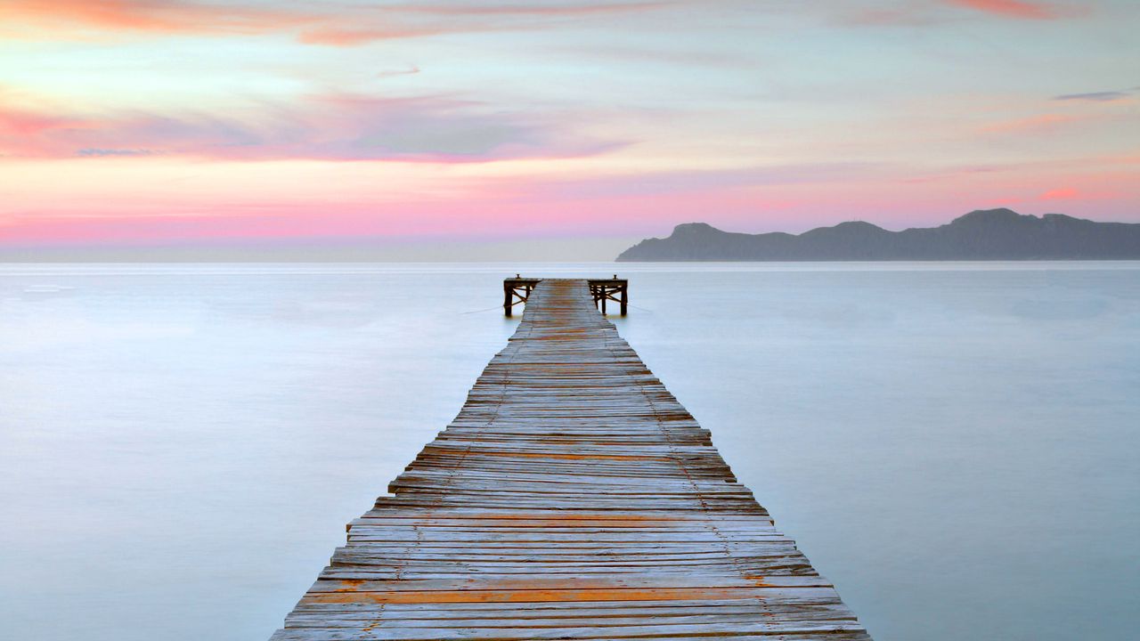 Wallpaper pier, water, horizon, sunset