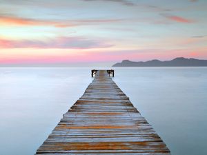 Preview wallpaper pier, water, horizon, sunset