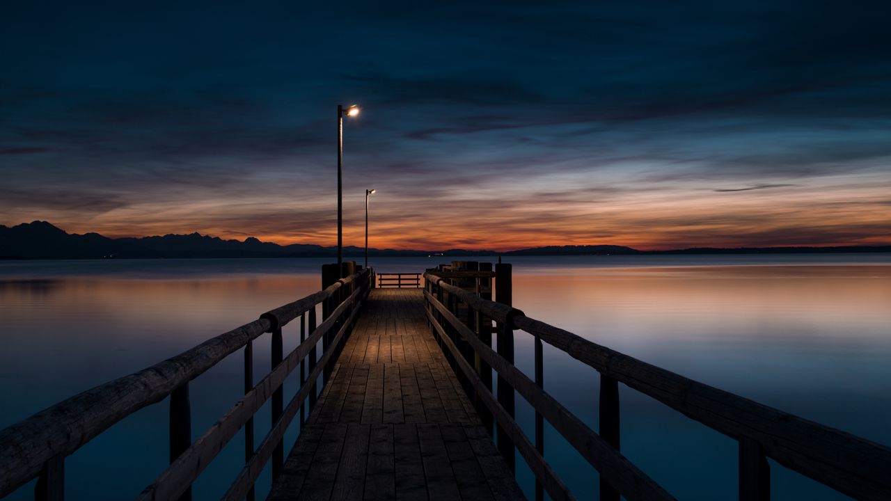 Wallpaper pier, water, lights, twilight, evening, wooden