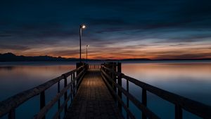 Preview wallpaper pier, water, lights, twilight, evening, wooden