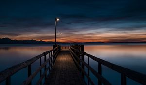 Preview wallpaper pier, water, lights, twilight, evening, wooden