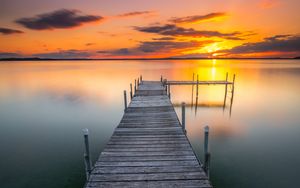 Preview wallpaper pier, water, sea, sunset, landscape