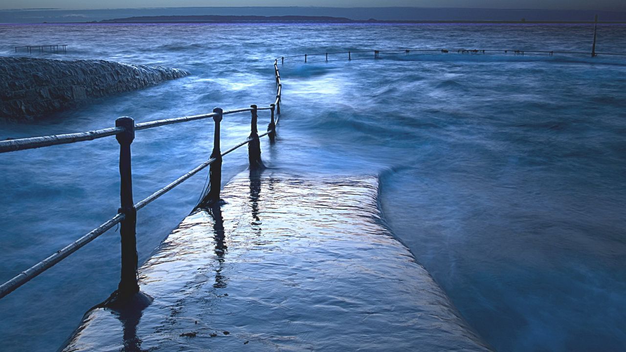 Wallpaper pier, water, sea, flooding, handrail