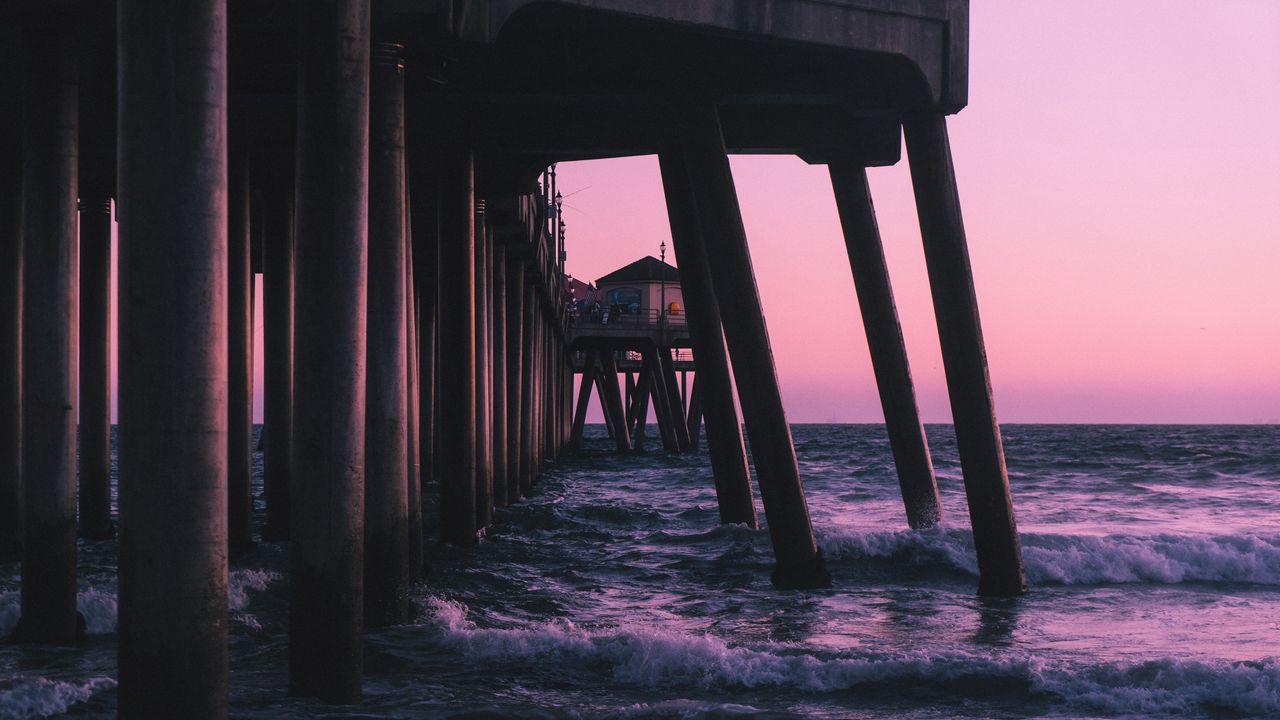 Wallpaper pier, waves, sea, water, dusk
