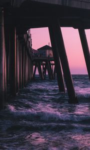 Preview wallpaper pier, waves, sea, water, dusk