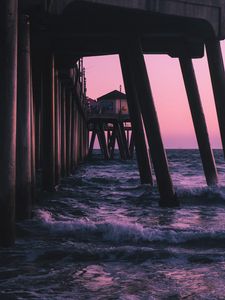 Preview wallpaper pier, waves, sea, water, dusk