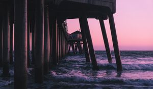 Preview wallpaper pier, waves, sea, water, dusk