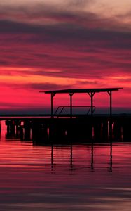 Preview wallpaper pier, wooden, evening, decline, twilight, red, outlines