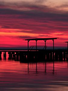 Preview wallpaper pier, wooden, evening, decline, twilight, red, outlines