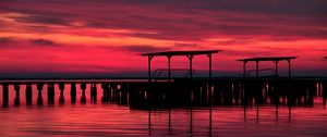 Preview wallpaper pier, wooden, evening, decline, twilight, red, outlines