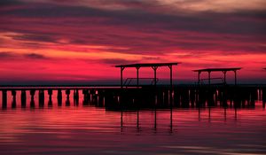 Preview wallpaper pier, wooden, evening, decline, twilight, red, outlines