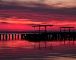 Preview wallpaper pier, wooden, evening, decline, twilight, red, outlines