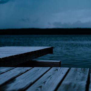 Preview wallpaper pier, wooden, lake, water, dusk