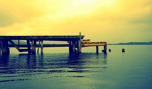 Preview wallpaper pier, wooden, lake, boards, colors, paints, ripples, water