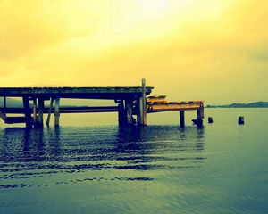 Preview wallpaper pier, wooden, lake, boards, colors, paints, ripples, water