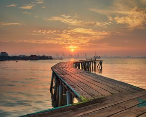 Preview wallpaper pier, wooden, sunset, port