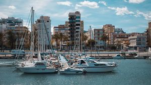Preview wallpaper pier, yachts, boats, buildings, sea