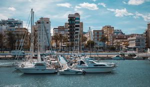 Preview wallpaper pier, yachts, boats, buildings, sea