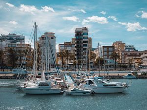 Preview wallpaper pier, yachts, boats, buildings, sea