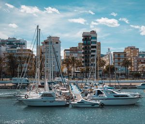 Preview wallpaper pier, yachts, boats, buildings, sea